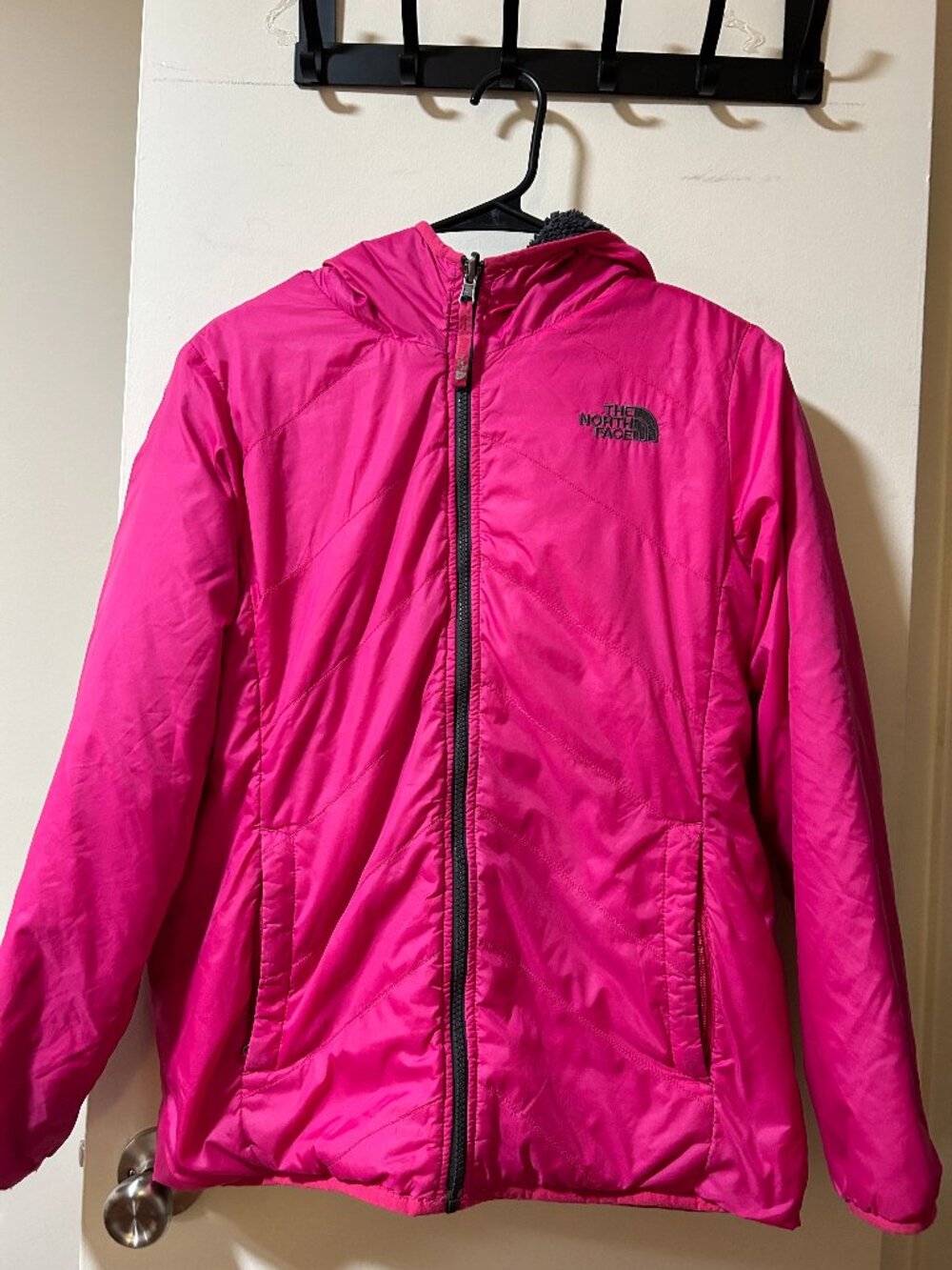 The North Face -- girls reversible hot pink/ grey sherpa/ puffer hooded jacket